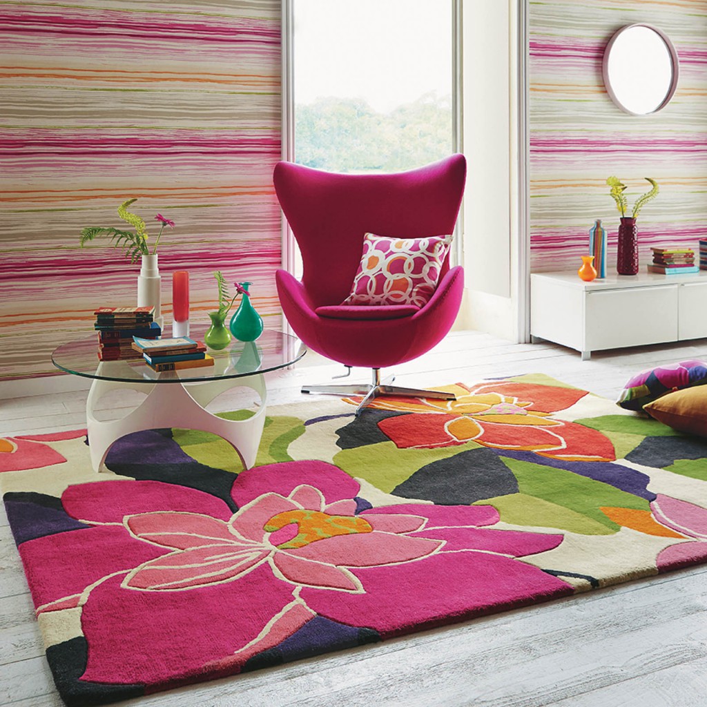 Diva Rugs 26302 in Peony by Scion for the RHS Chelsea Flower Show pink floral room 