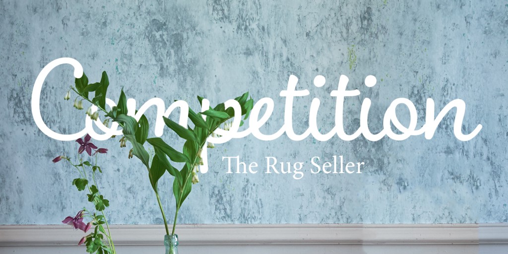 Dazzle Rug competition banner containing a blue wall with text overlapping a plant and the rug seller in text