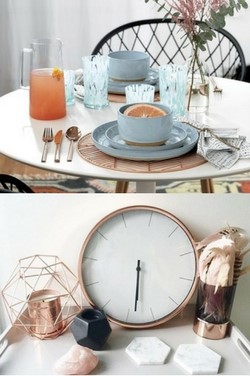 collage of copper clock and copper place mats for copper interiors