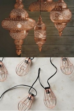 decorative copper lighting for a bedroom with fairy-lights and Moroccan style lampshades for copper interiors