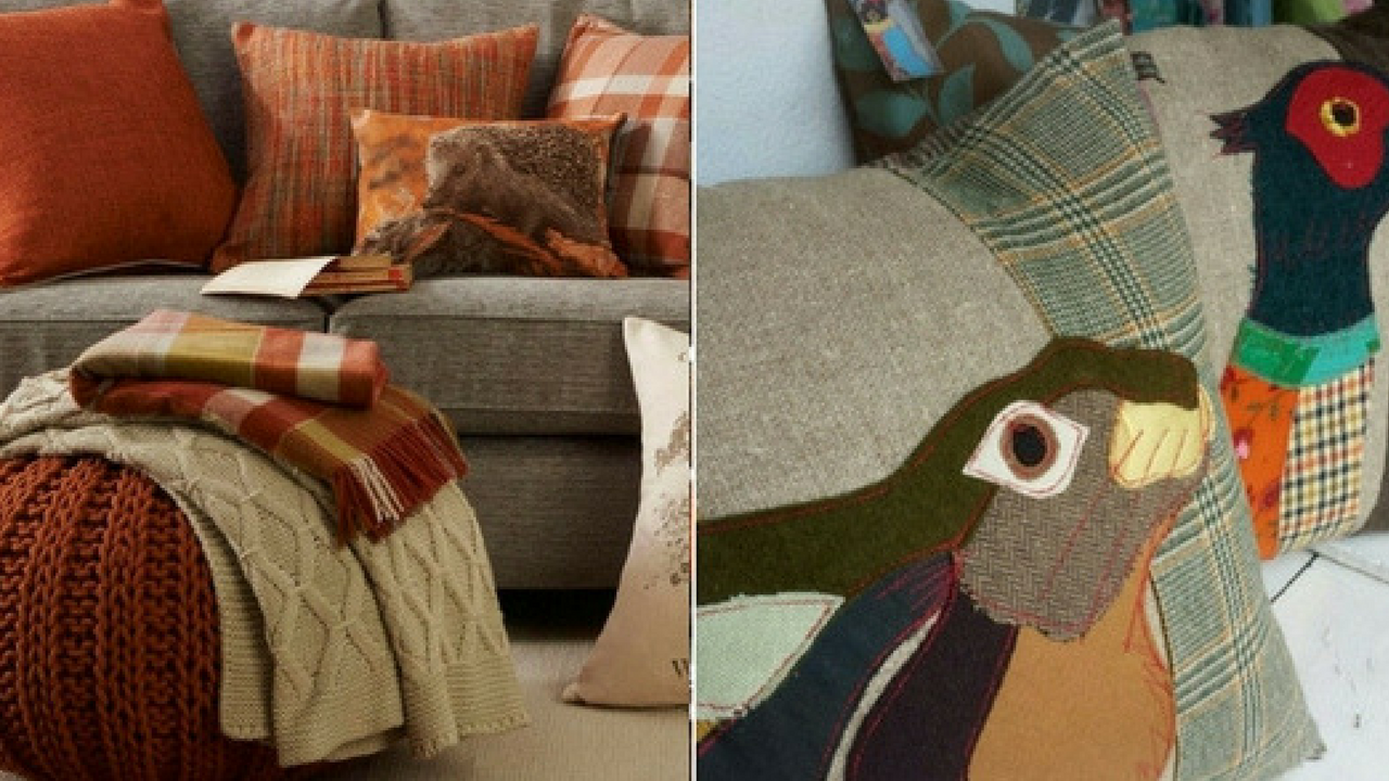 autumn decorations autumnal cushions collage of woodland animals such as hare and pheasants and orange wooly cushions on a brown sofa