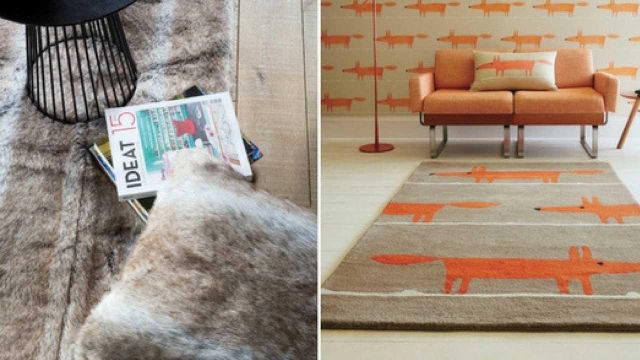 autumn decorations rug collage with a faux brown fur rug with magazines and a chair places on top and an orange fox print rug in a fox themed room