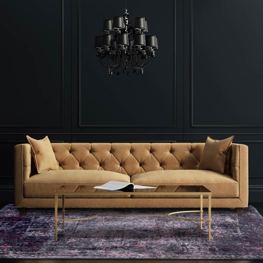 purple rug from louis de poorter in a dark but modern living room