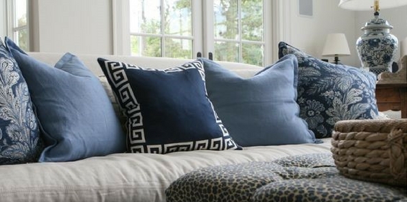 colour trend for 2017 denim blue cushions on white sofa in front of patio windows