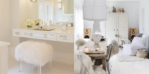 style faux fur collage with a white faux fur stool in front of a dressing table and a living room with white wooden floors and fur throws
