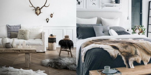 style faux fur with Scandinavian style room collage with wooden floors and fur throws and rugs