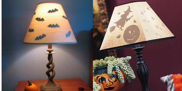 diy halloween decorations of bat and witch silouhettes inside lampshades on tablesides