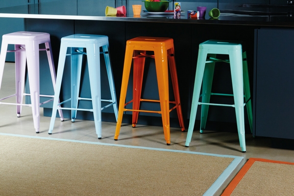 best kitchen rugs sisal rug with bright borders in front of multi-coloured bar stools in front of kitchen surface