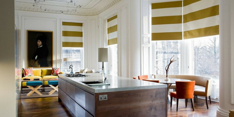 stripes trend yellow and white blinds in a large kitchen and dining room area