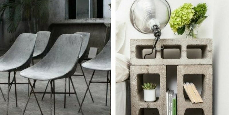 concrete furnitrue concrete chairs against a concrete flooring and concrete brick table in a bedroom