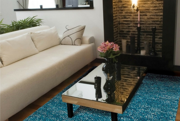 small space room with fireplace and blue rug and one long sofa with plant behind it