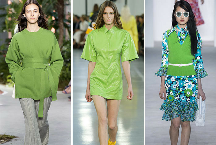 Green colour trend fashion clothing on a runway