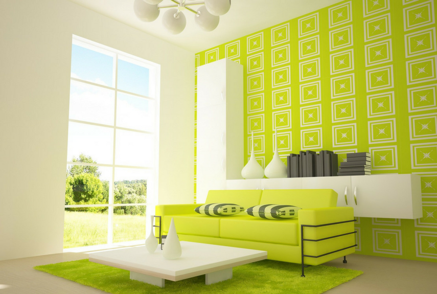 Green colour trend feature wall in a spacious living room