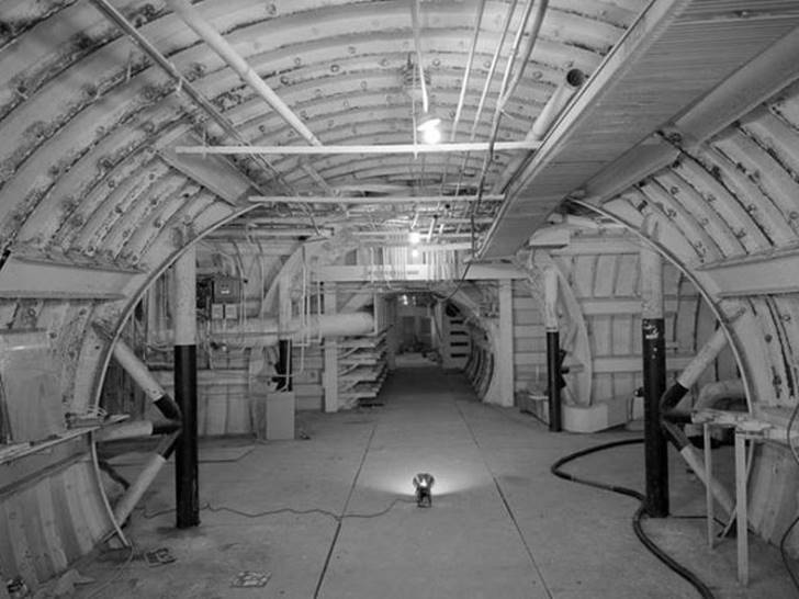 The black and white interior of a decommissioned military base