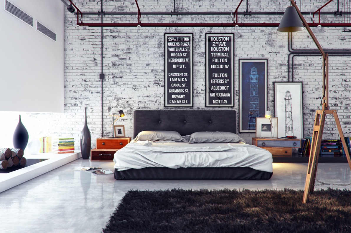 minimal bedroom in the industrial interior style with black rug and white washed exposed brick work