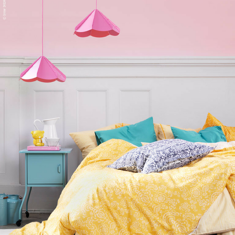 yellow pink and blue room colour