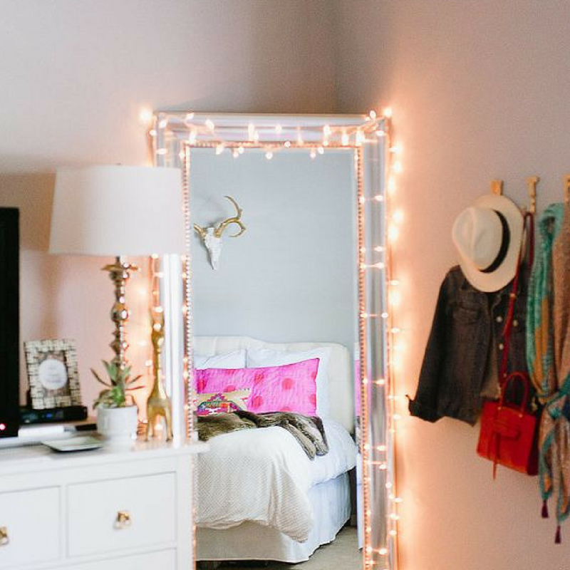 fairy lights on mirror for a student room