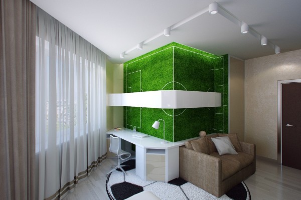 subtler football themed bedroom with a football pitch wall