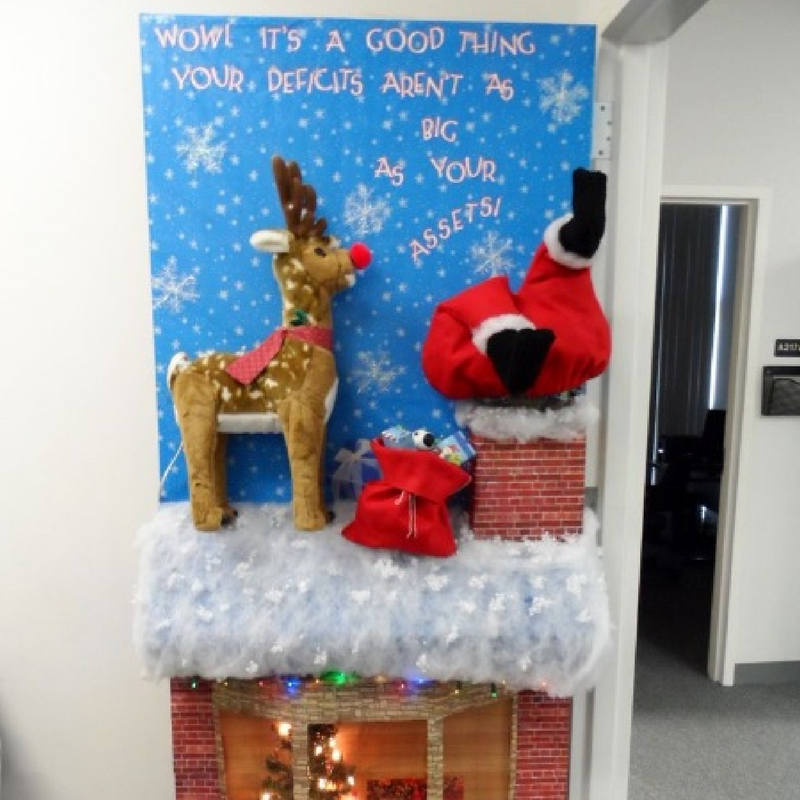 3D rudolph and santa going down a chimney with gifts christmas door decoration