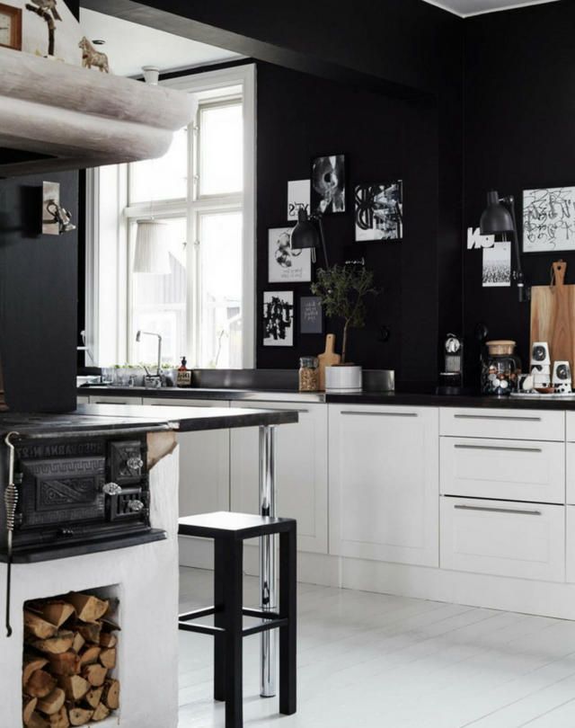 dark colours black kitchen walls with white cabinets