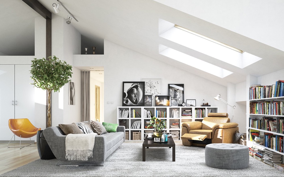 beautiful scandinavian interior filled with book cases and artwork