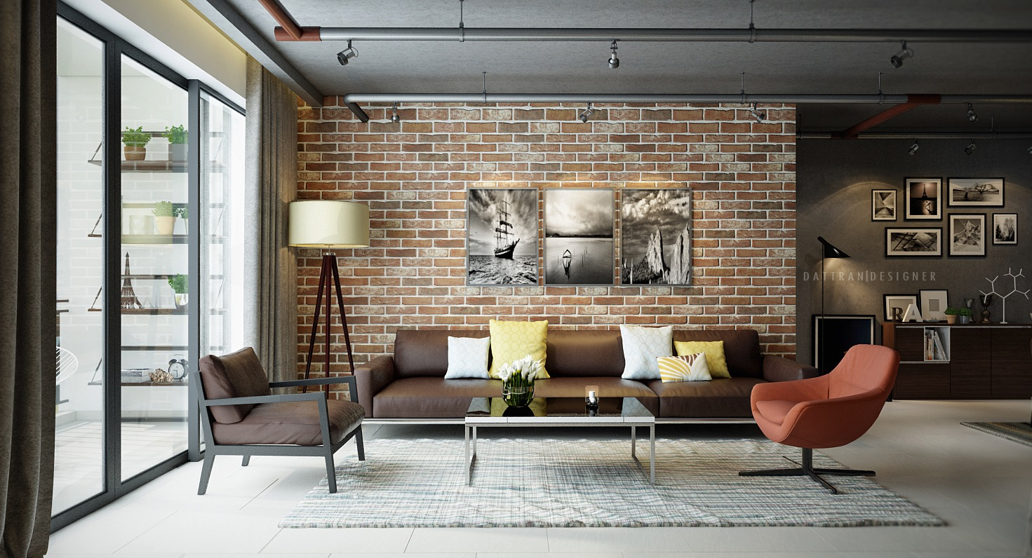 exposed brick accent wall with modern industrial interior