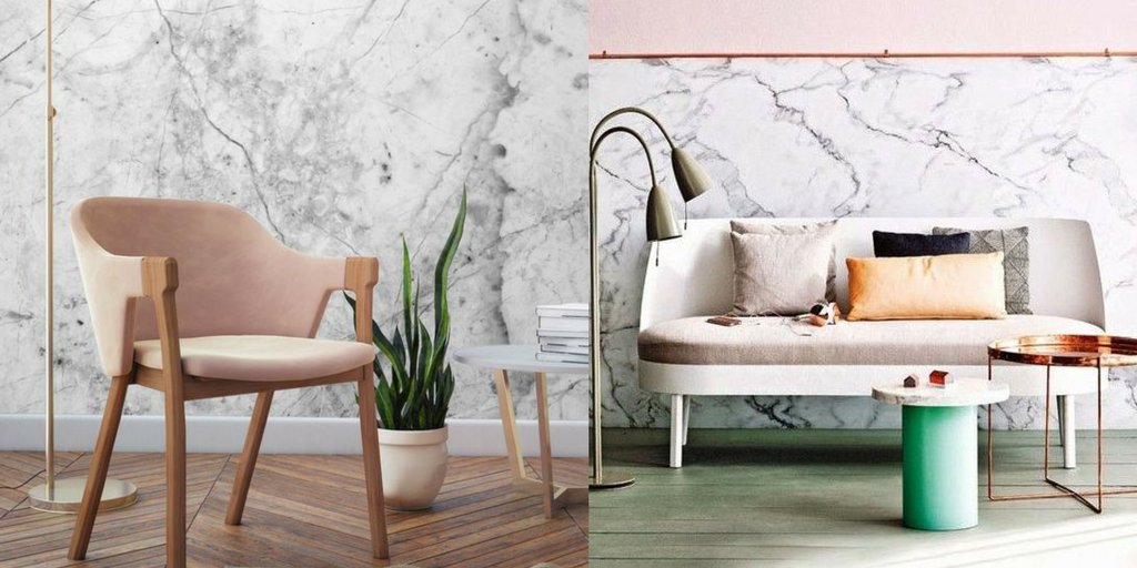 marble interior design trend with couch, chair and green plant