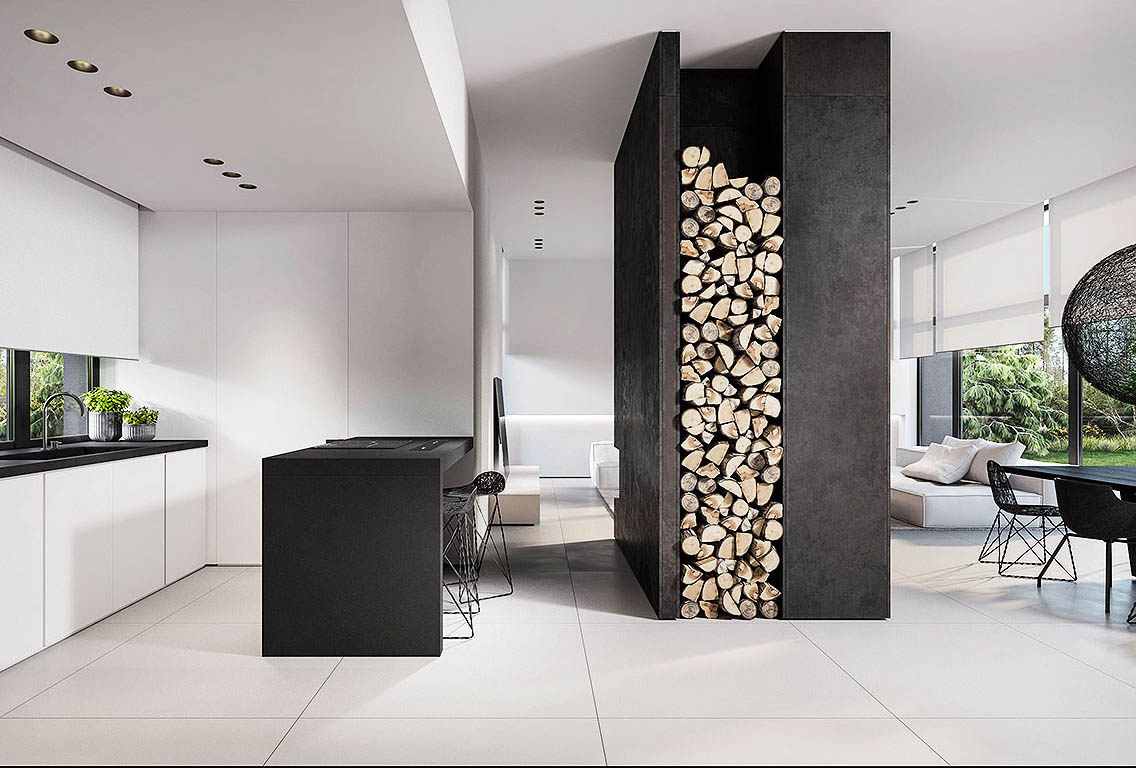 monochrome interior with wood pile for woodburning fire