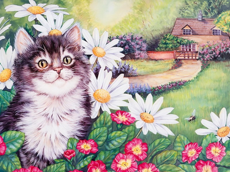 Mothers Day painting of a cat in a flower bush with a house in the background