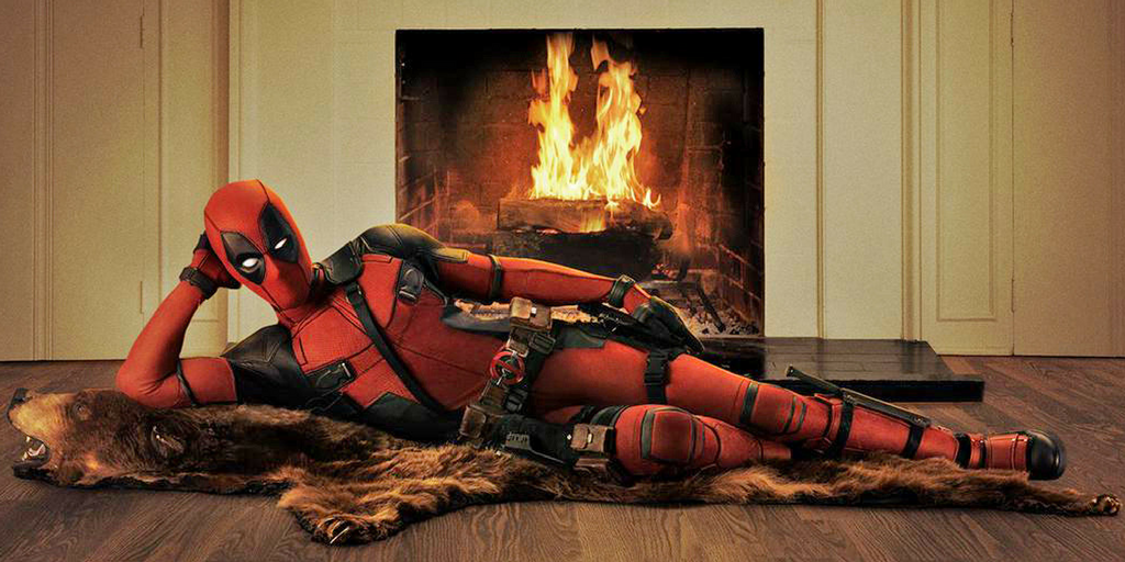Deadpool Laying on a Bear Rug Next to a Fireplace