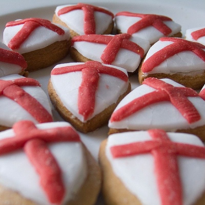 St. George's Day baked cookies with red and white England flag icing