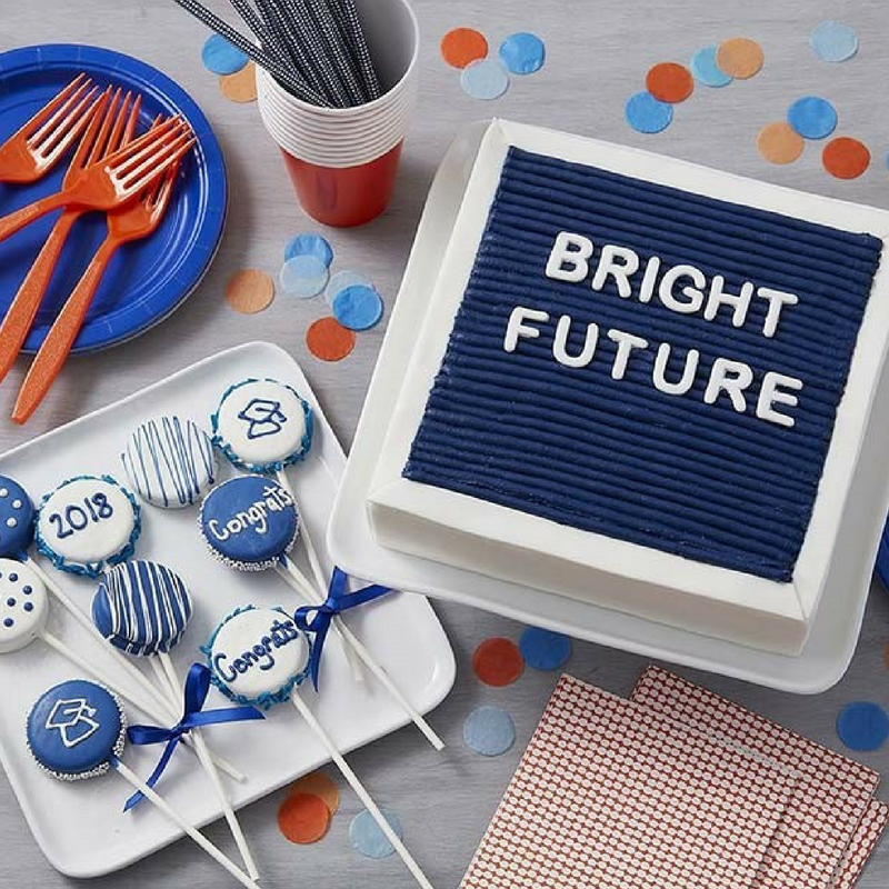 Graduation Bright Future Cake in Blue and White with Cake Pops