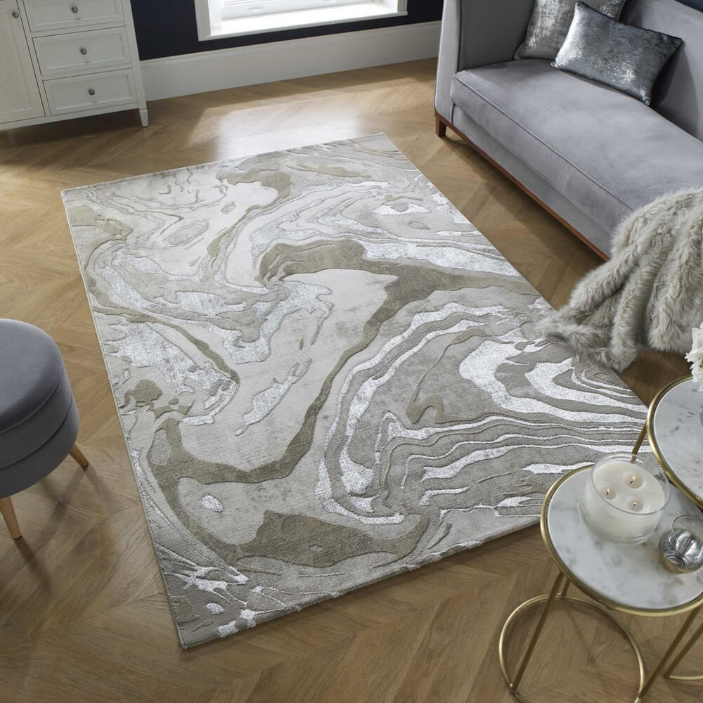 eris marble style beige rug on a japandi wooden floor with neutral furniture