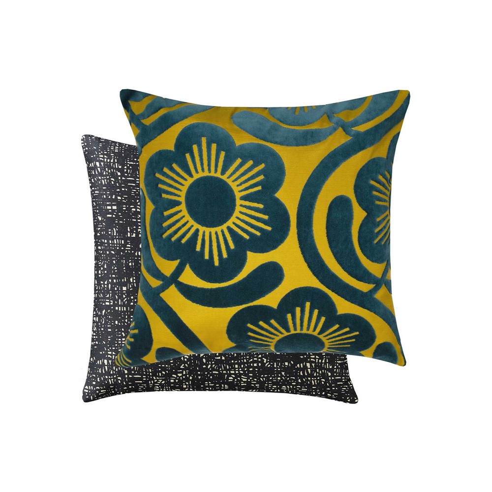 orla keily cushion in pink and yellow velvet style with a cut out background
