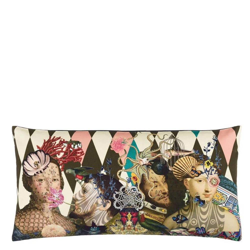 Le Curieux Cushion cushion in argile with historical people and harlequin patterns on white background luxury accessory