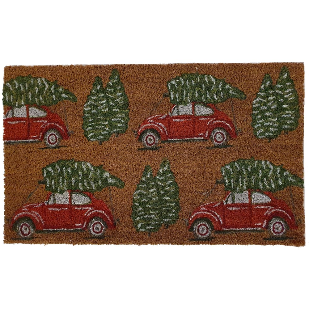 a christmas door mat with a natural background and design of red cars carrying fir trees as a gift for him