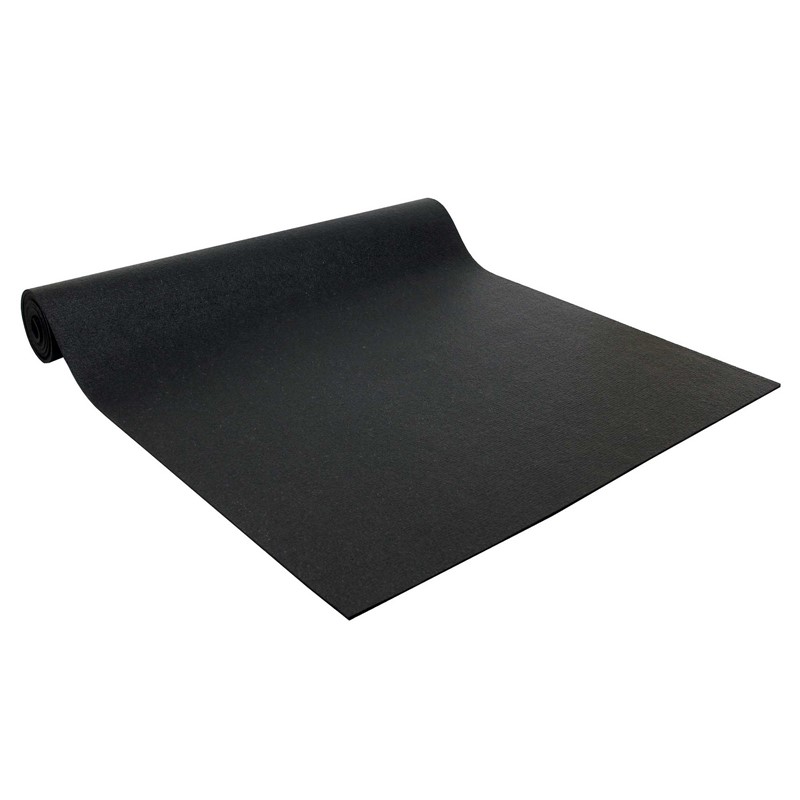 a black fitness mat partially rolled on a cut out white background