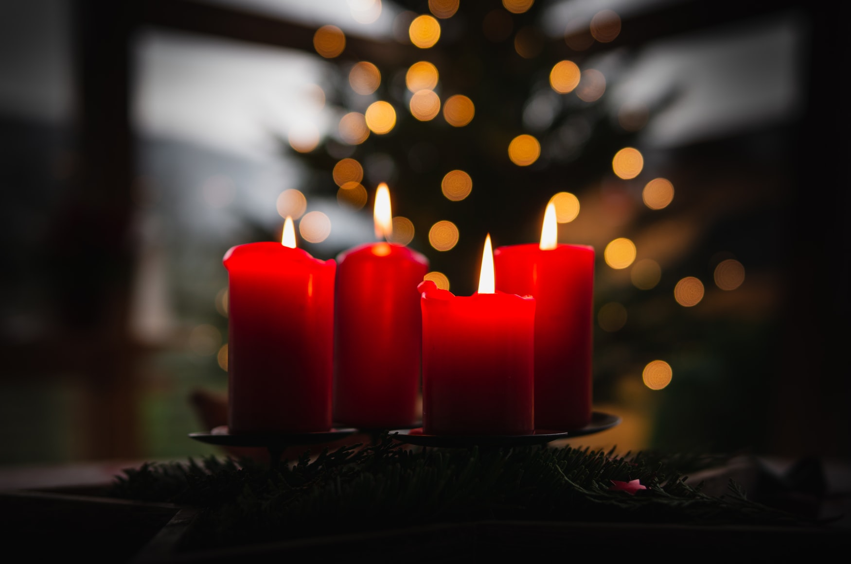 an image of four red candles lit on a table in a dim room with a christmas tree in the background adding sparkle inside
