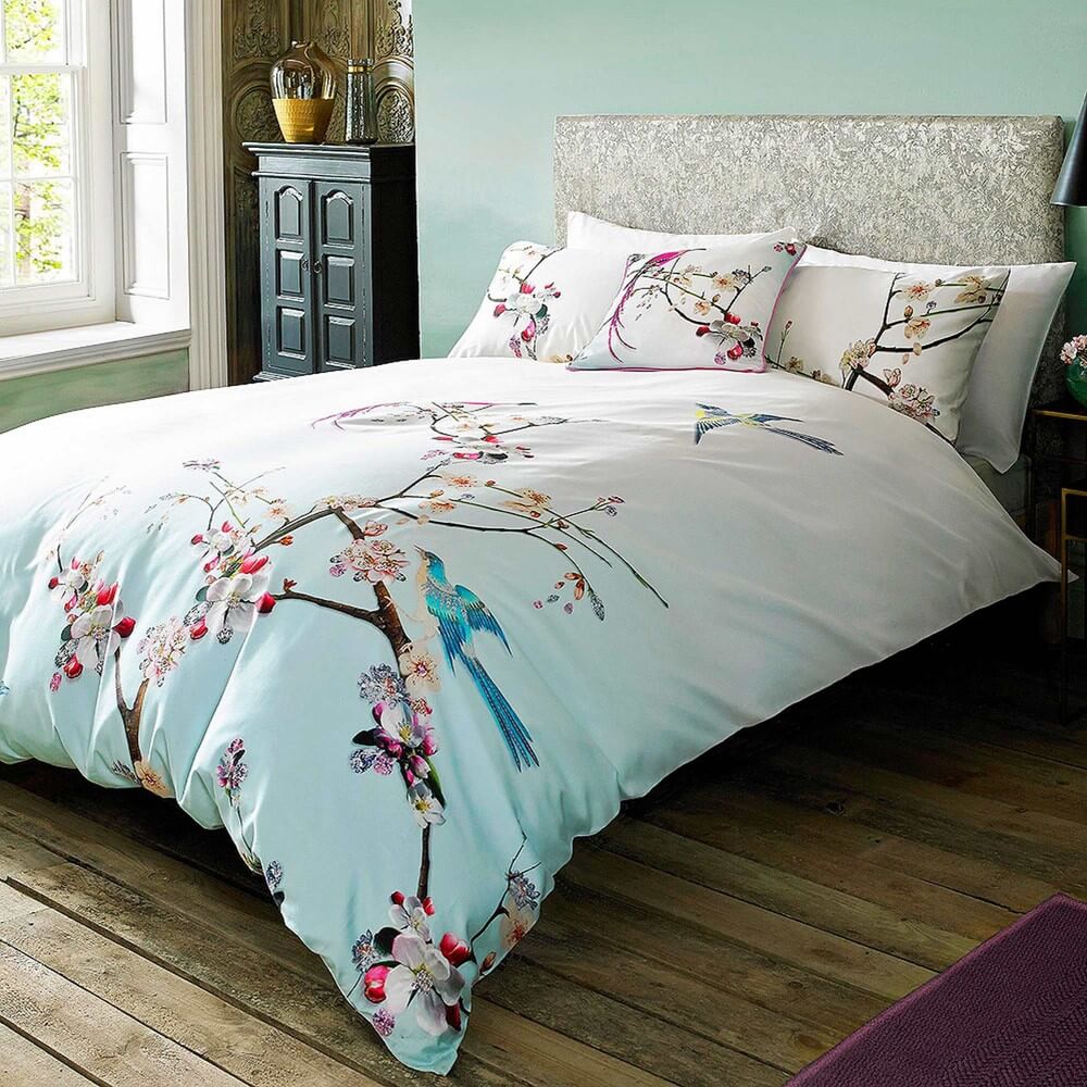 ted baker's flight of the orient bedding in a modern bedroom with dulux's colour of the year scheme
