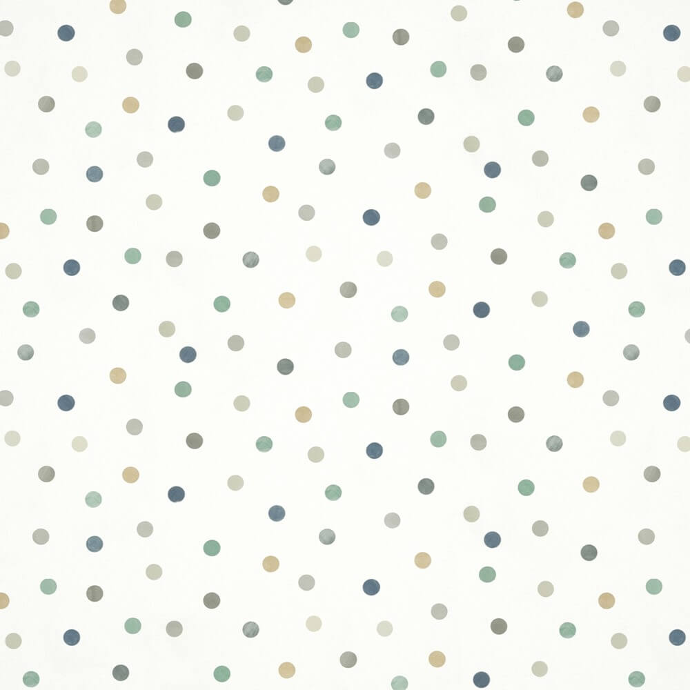 close up of bonbon wallpaper with blue and green polka dots on cream background