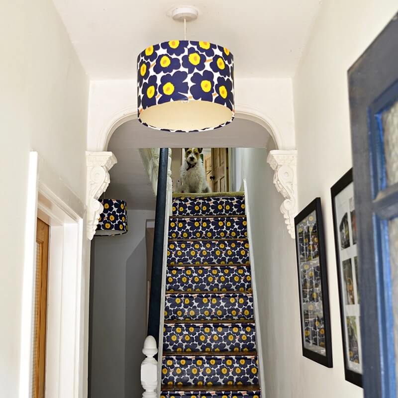 staircase and lampshade using wallpaper creatively