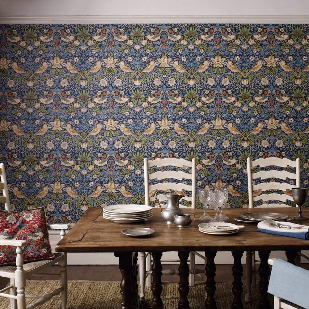 Morris & Co strawberry thief patterned wallpaper