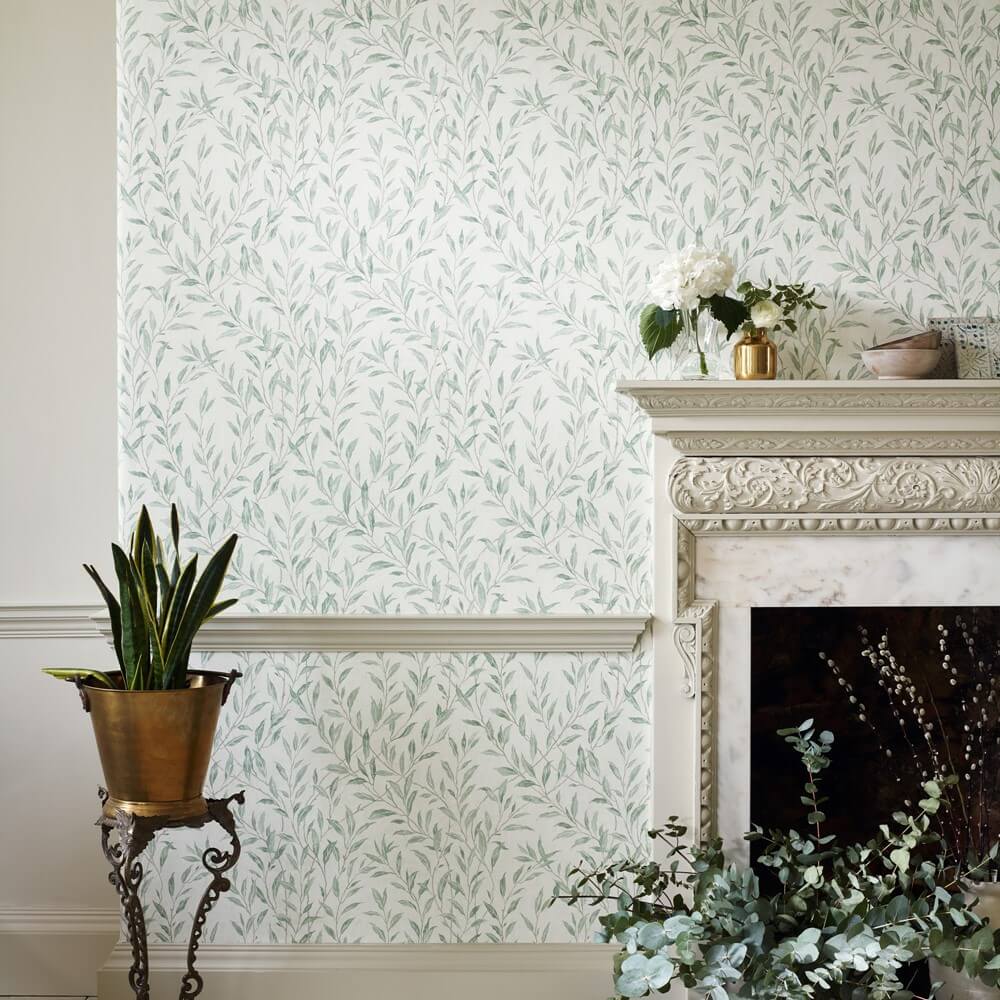 Osier willow wallpaper laid on a feature wall in a living room