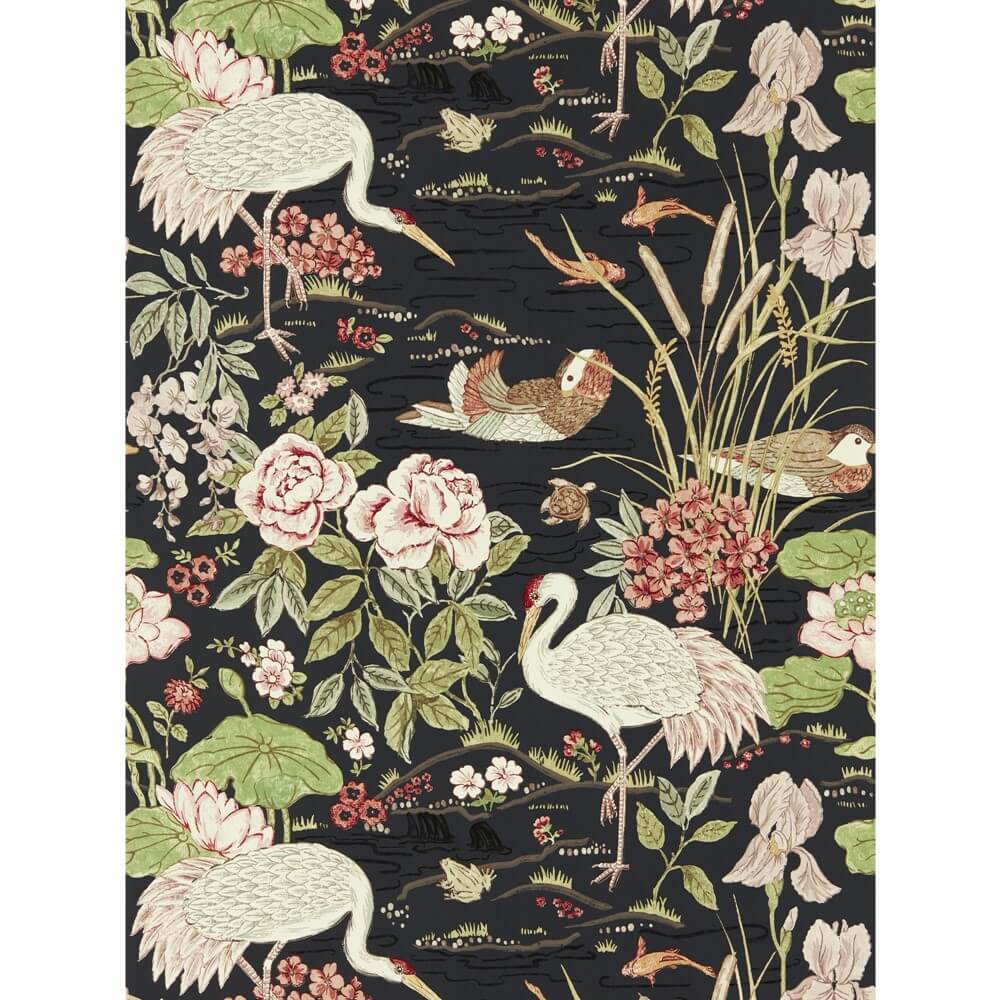 A close up image of wallpaper with crane and fish motif