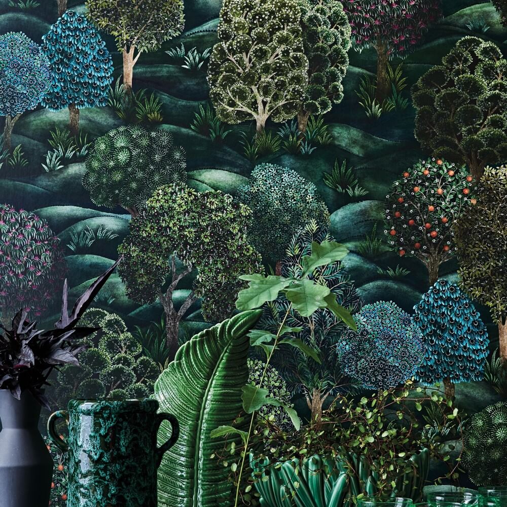 a close up of the forest green wallpaper