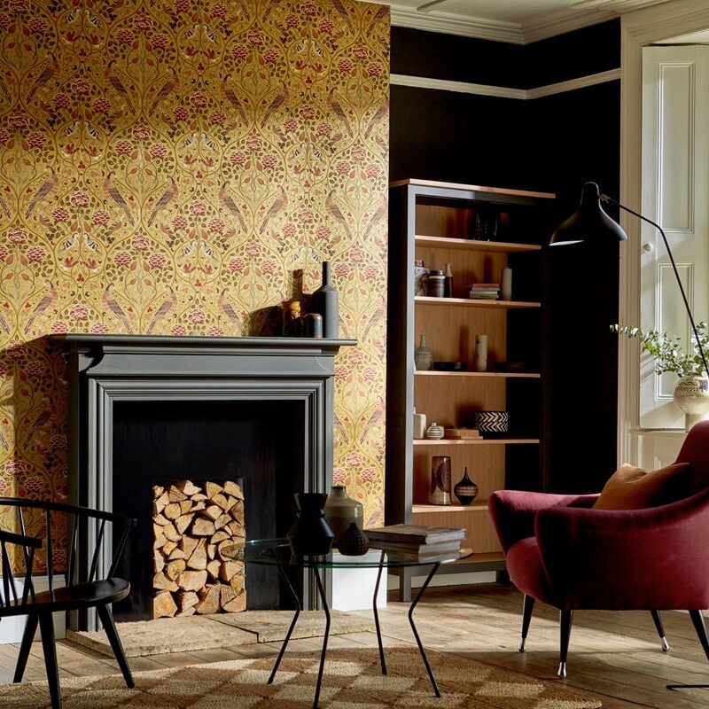 Living room with a fireplace and seasons wallpaper fit for kitchen interiors