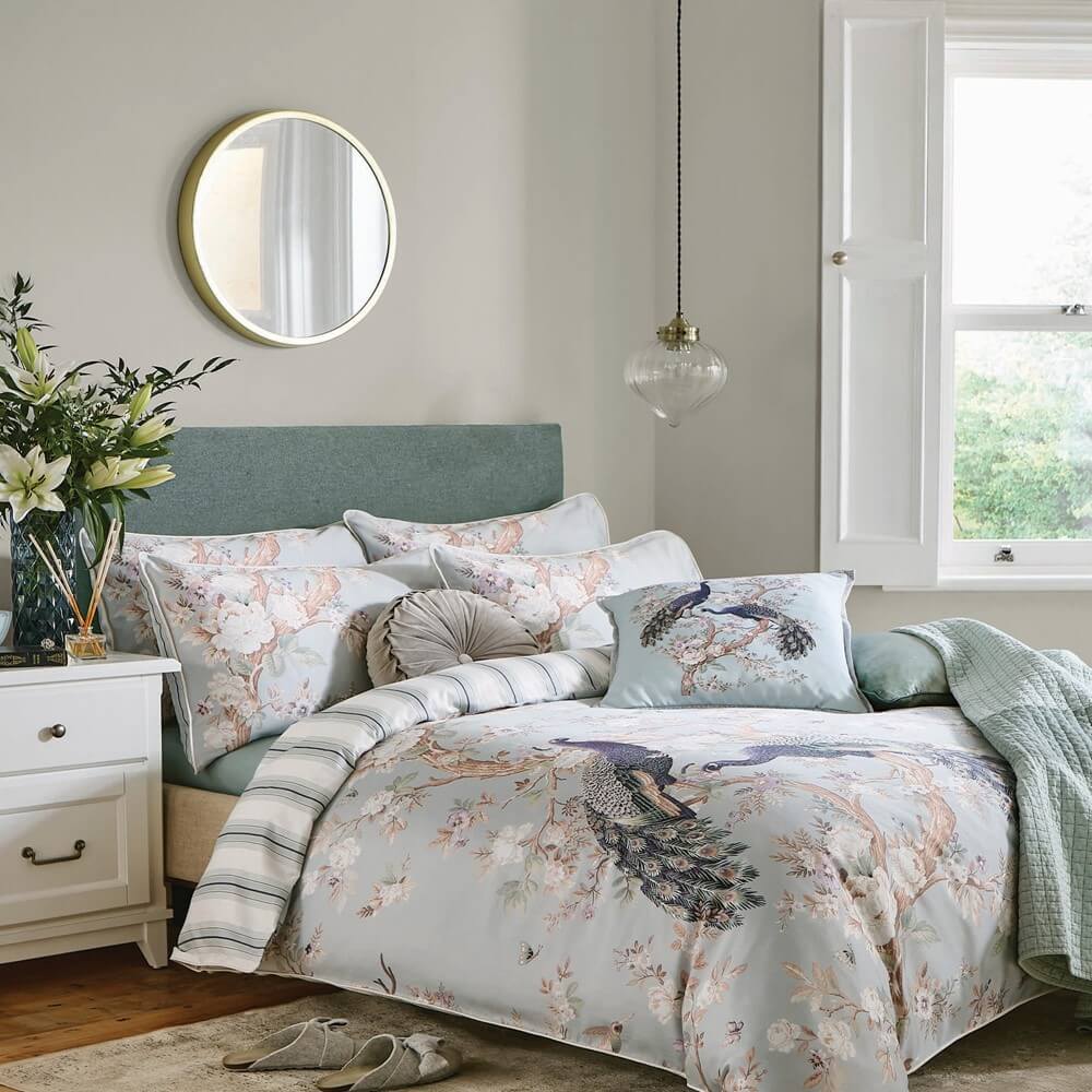 Printed bedding set in a bright bedroom