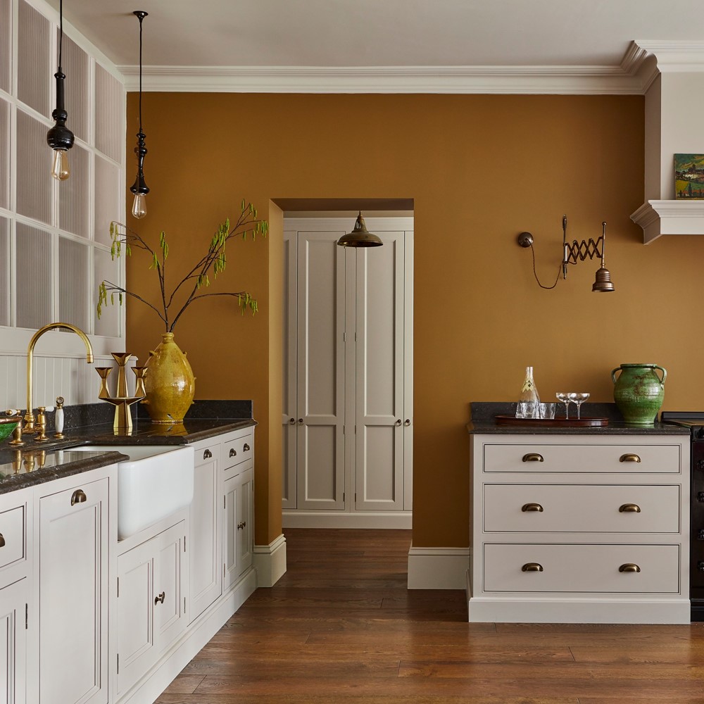 kitchen painted in a mustard paint